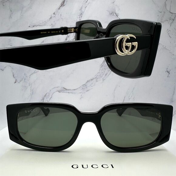 New Gucci Sunglasses Black Square Rectangular Gold Interlocking GG Metal Logo - Picture 11 of 16